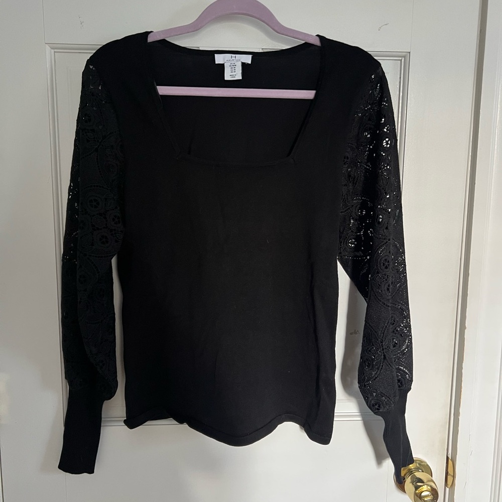 H by Halston Black Sweater with Eyelet Sleeves